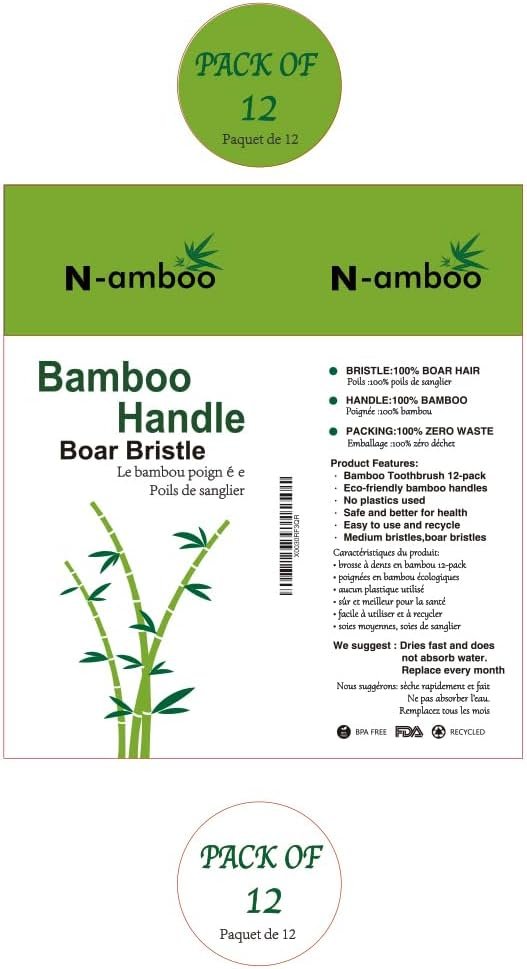Boar Bristles Natural Bamboo Toothbrush Eco-Friendly Biodegradable Zero Waste Pack of 12