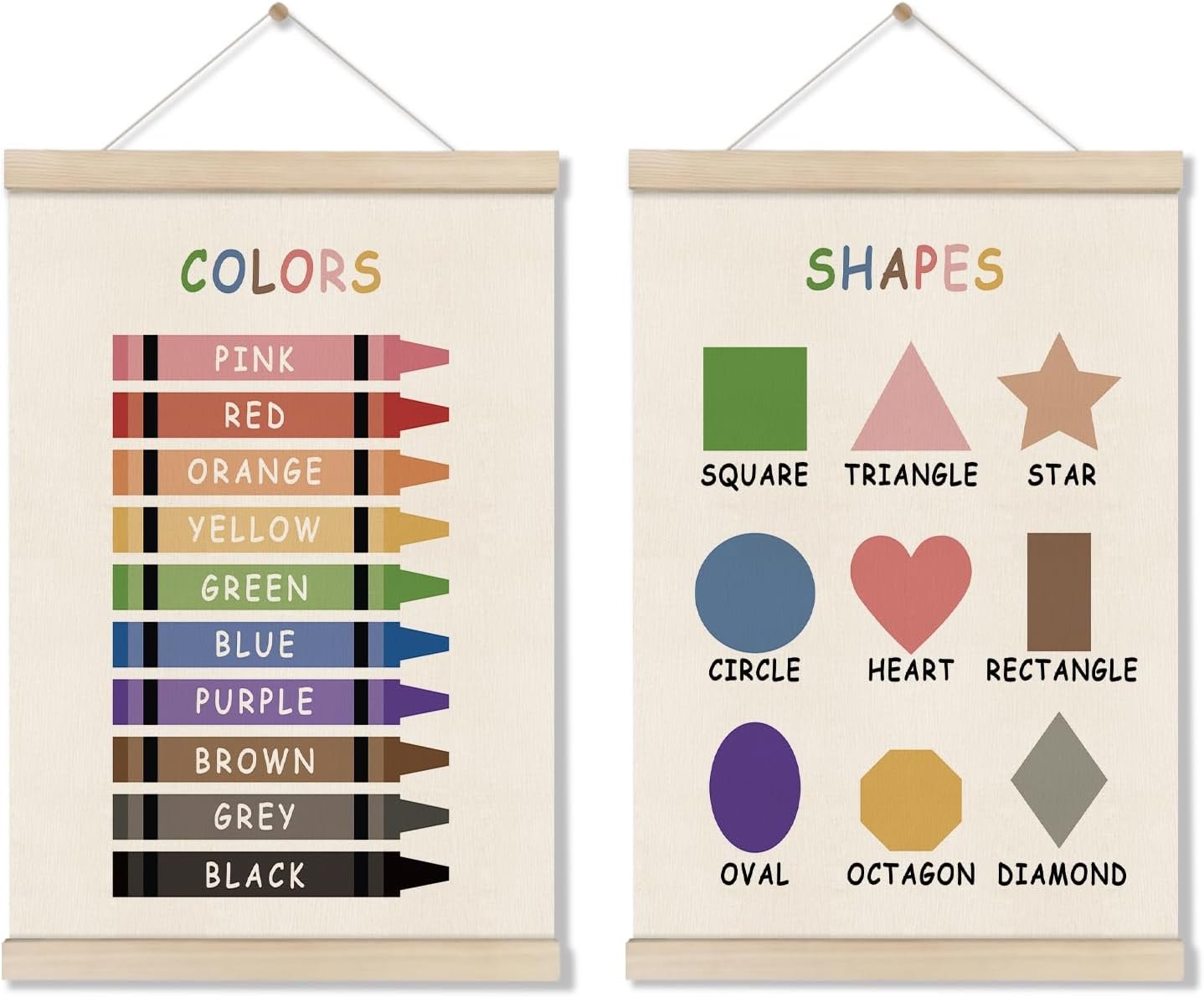Shapes Colors Posters Hanger Frame for Kids, Playroom Classroom Wall Art