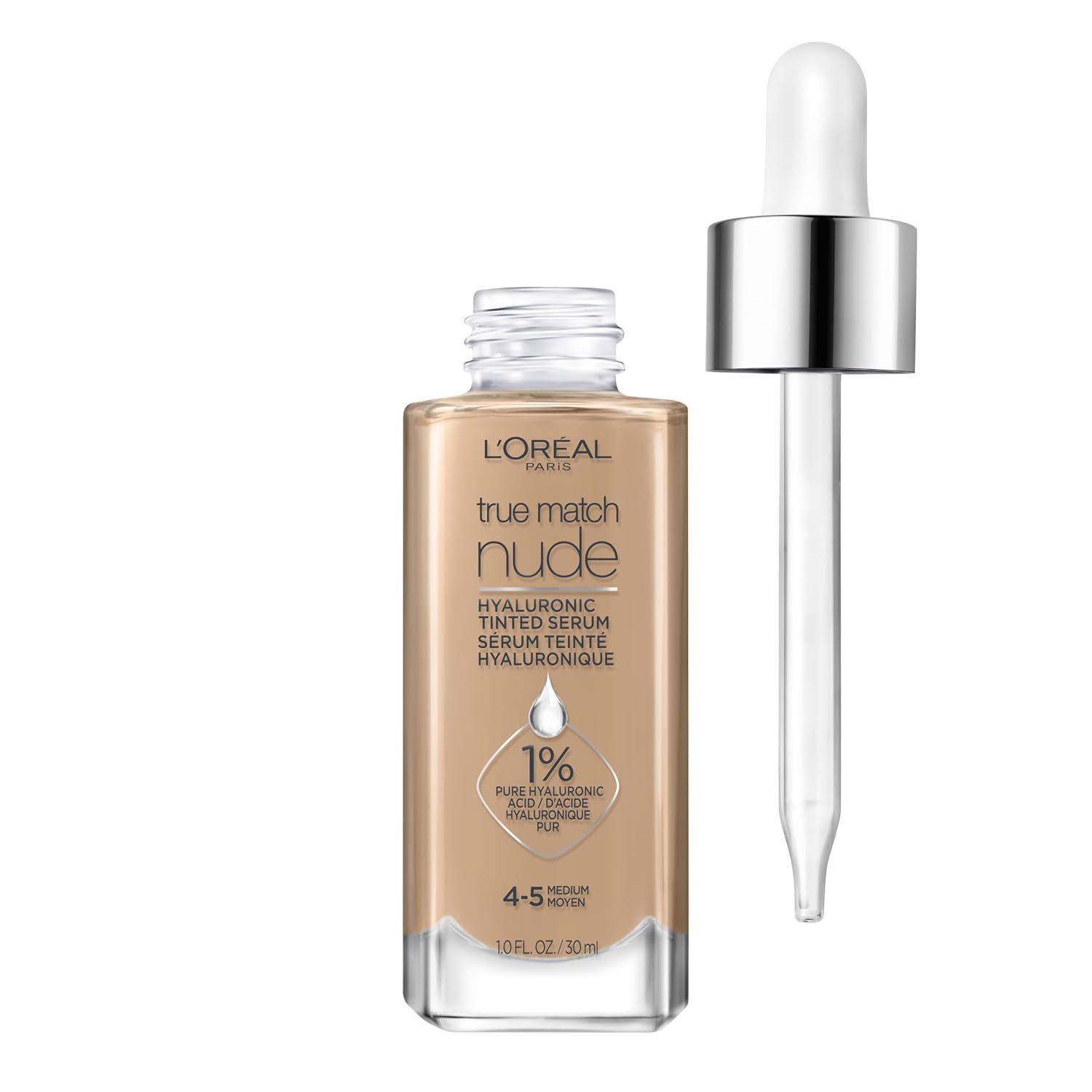L’Oreal Paris True Match Nude Hyaluronic Tinted Serum Foundation with 1% Hyaluronic acid, Medium 4-5, 1 fl. oz.