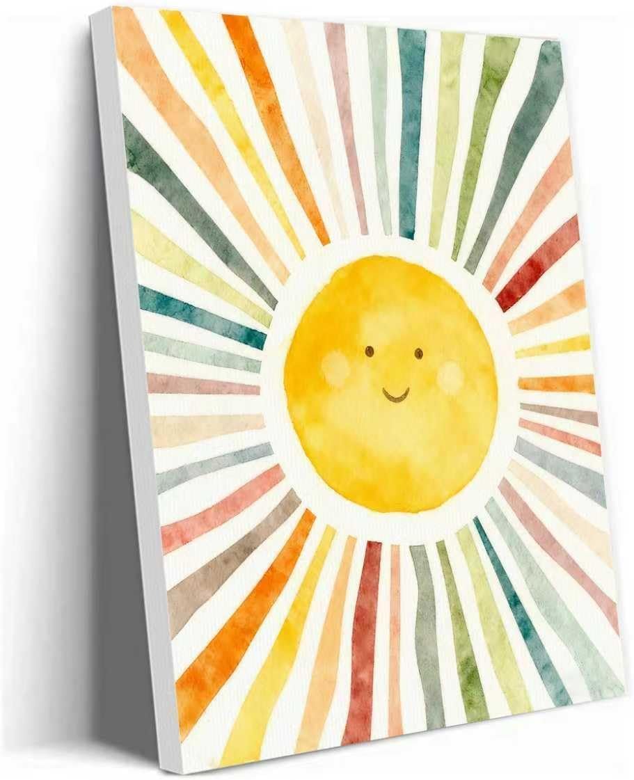 TNVDFNBR Cartoon Smiling Sun Canvas Wall Art, Boho Sun Wall Art Natural Life Decor for Home Playroom Nursery Girls Room, 12×16 inch Frame