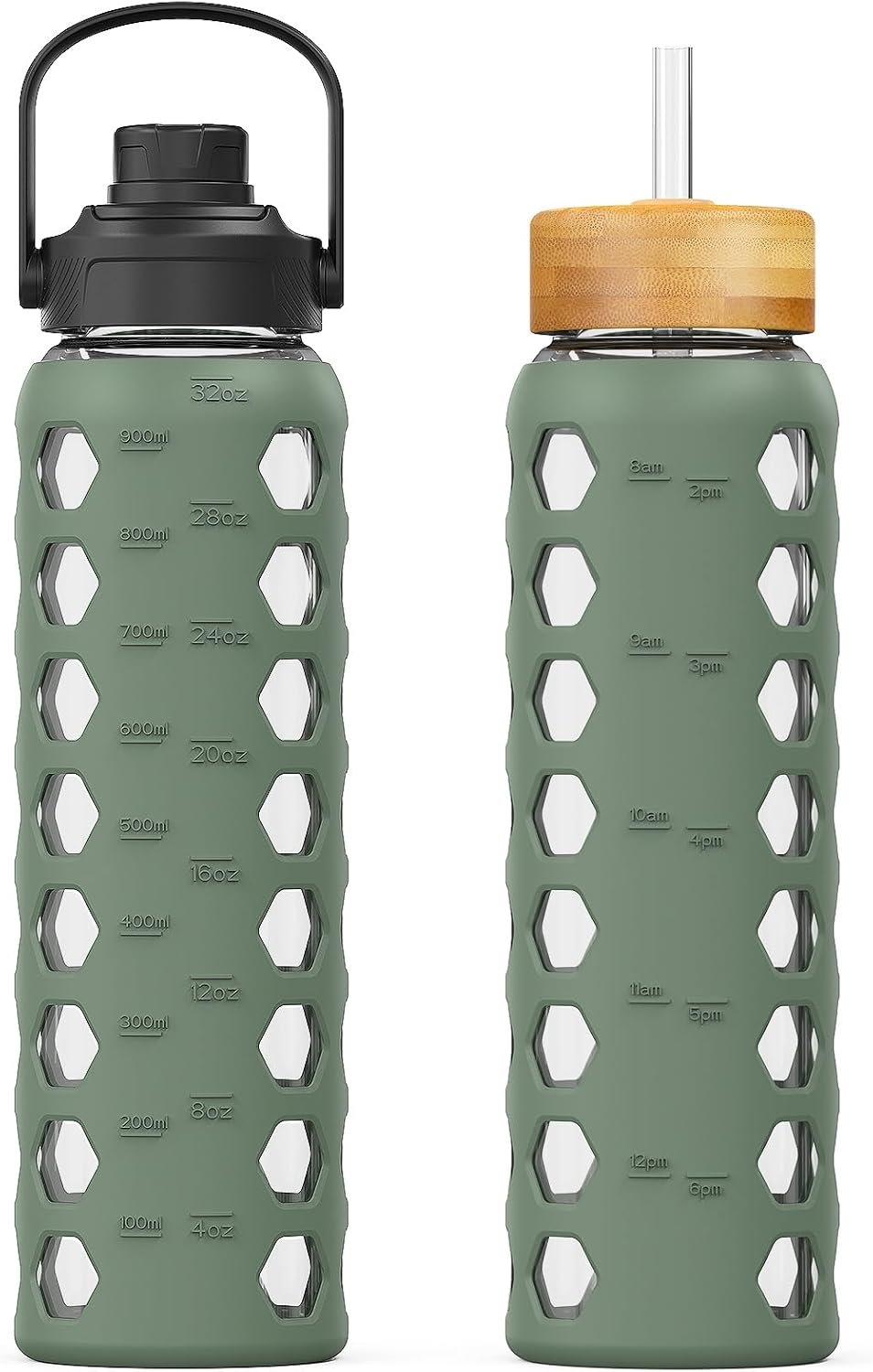 MUKOKO Glass Water Bottle, 32oz, Olive