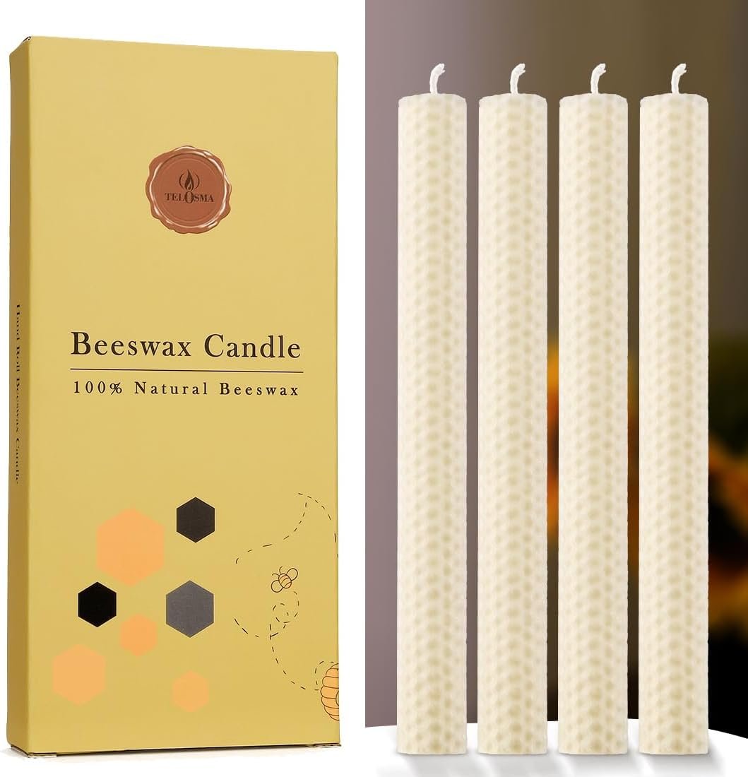 TELOSMA Hand Rolled Beeswax Taper Candles, Off White, 8 Inch, 4 Pack