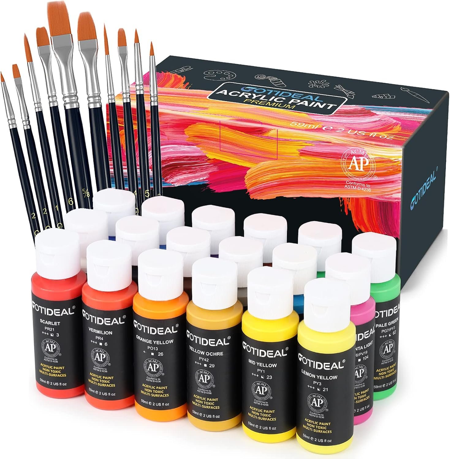 GOTIDEAL Acrylic Paint Set with 10 Brushes, 18 Colors (59ml, 2 oz)