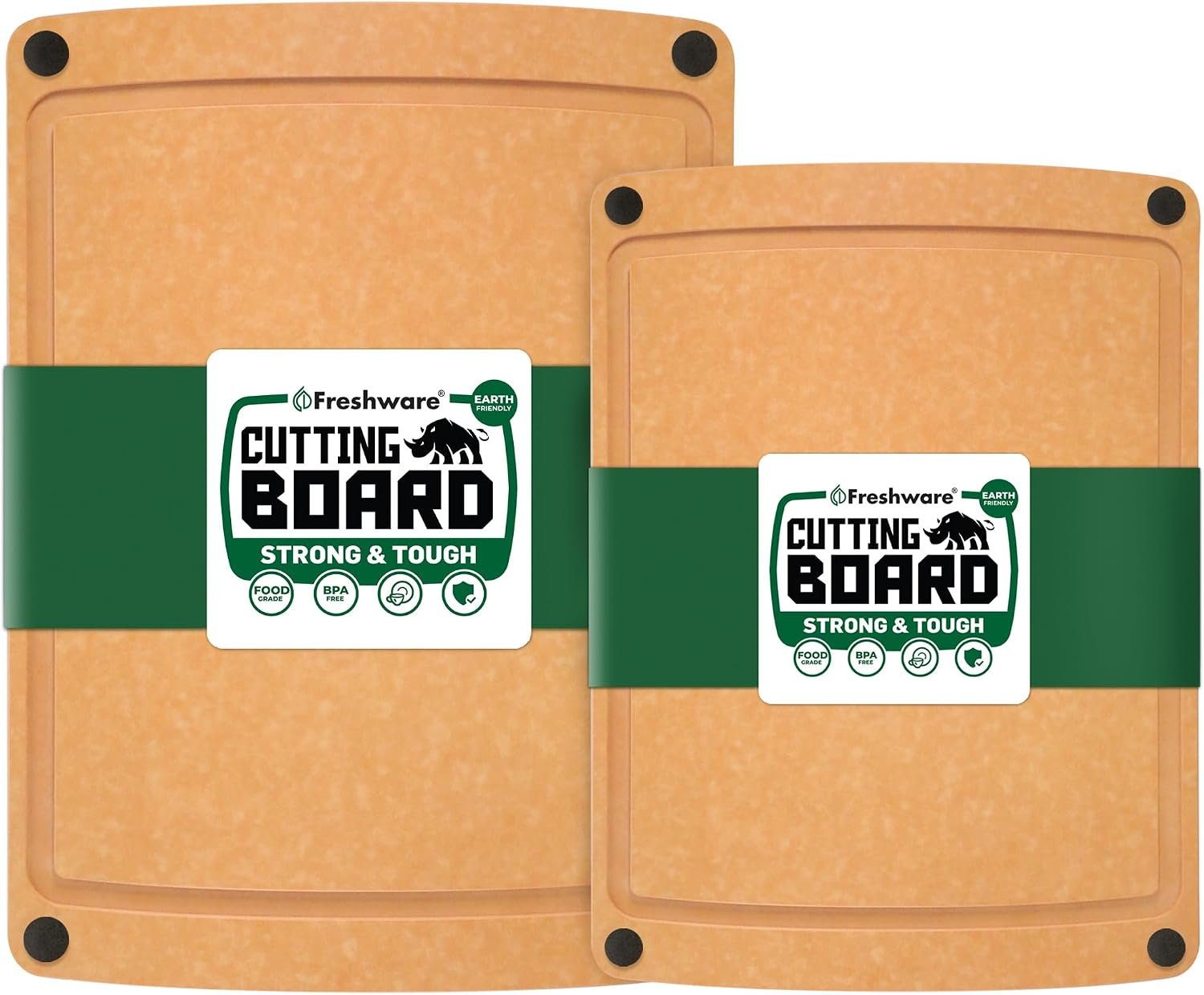Freshware Wood Cutting Boards for Kitchen, Juice Groove, Non-Slip Silicone Feet, Dishwasher Safe, Medium 12″ x 9″ and Large, 15″ x 11.25″, Set of 2, Natural
