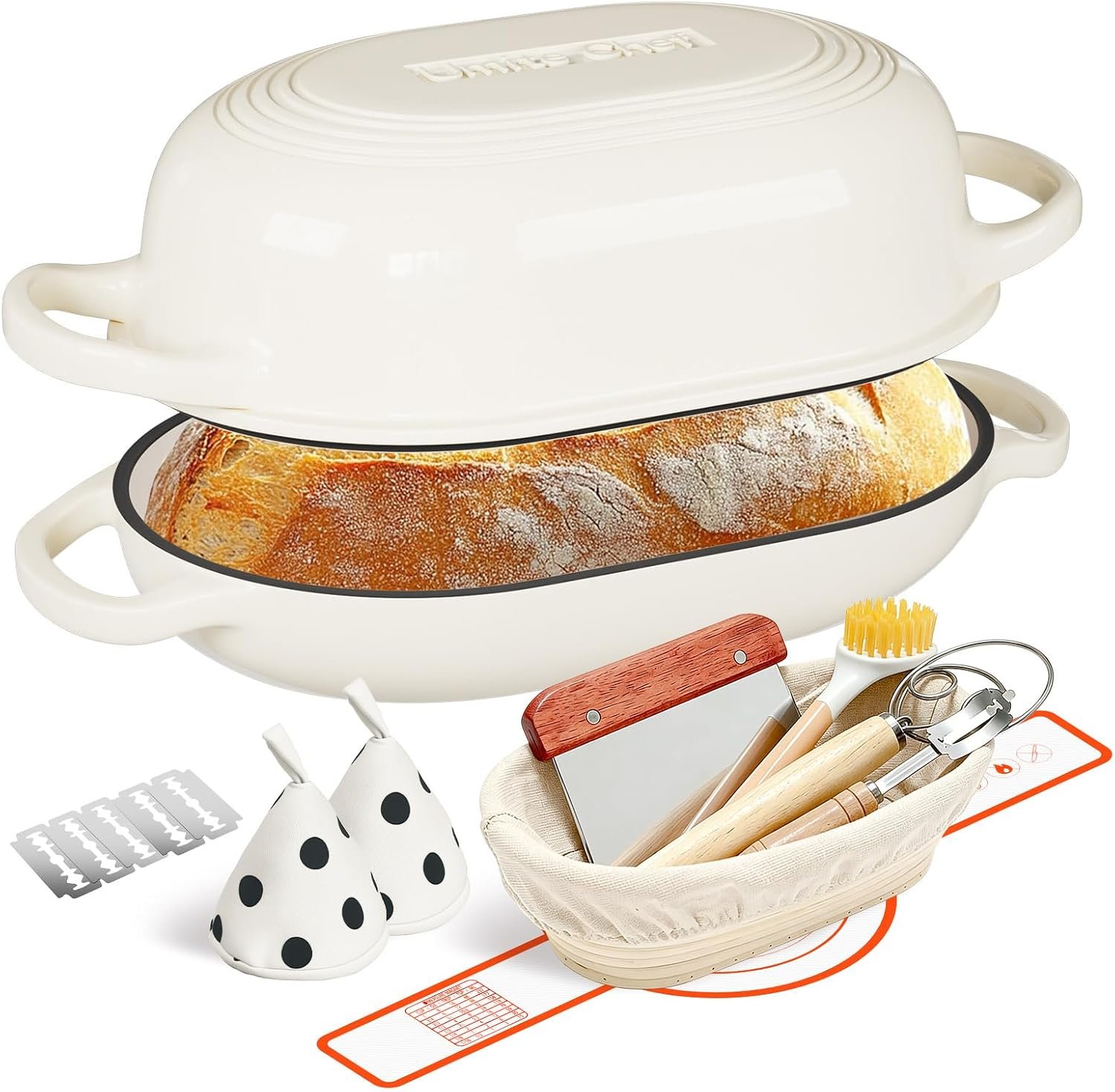 Enameled Cast Iron Dutch Oven for Bread Baking – incl. Sourdough Bread-Baking Supplies like Banneton Bread-Proofing Basket – 5QT Loaf Cast Iron Bread Oven Pan& Meatloaf Pan with Lid, Sour Sough Tools, Lame (Cream White）