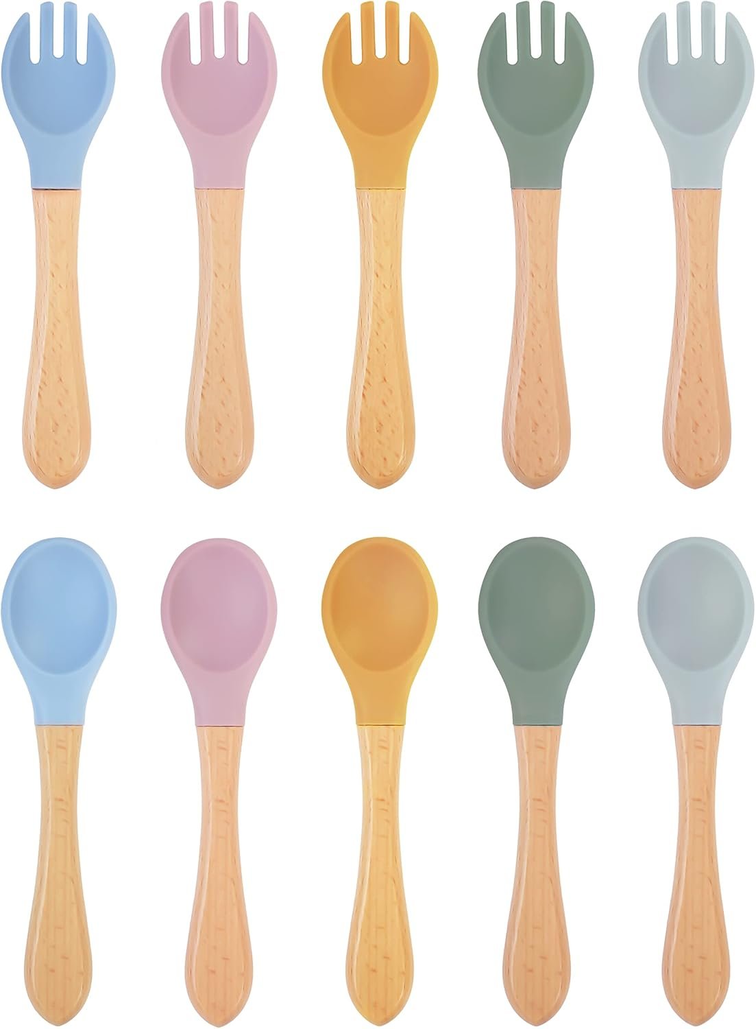 10pcs Bamboo & Silicone Baby Spoons & Forks