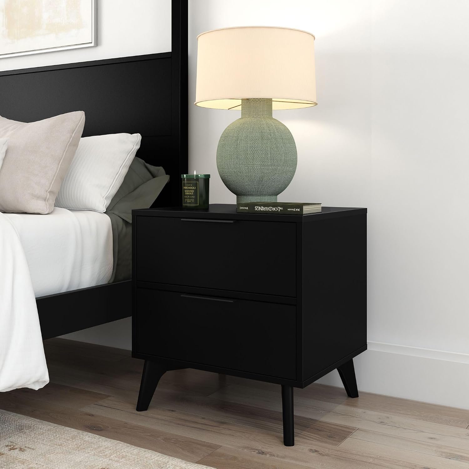 Plank+Beam Haven Solid Pine 2-Drawer Nightstand, Low-VOC Finish, Modern Bedroom Side Table with Black Handle, Anti-Tip Kit Included, Black