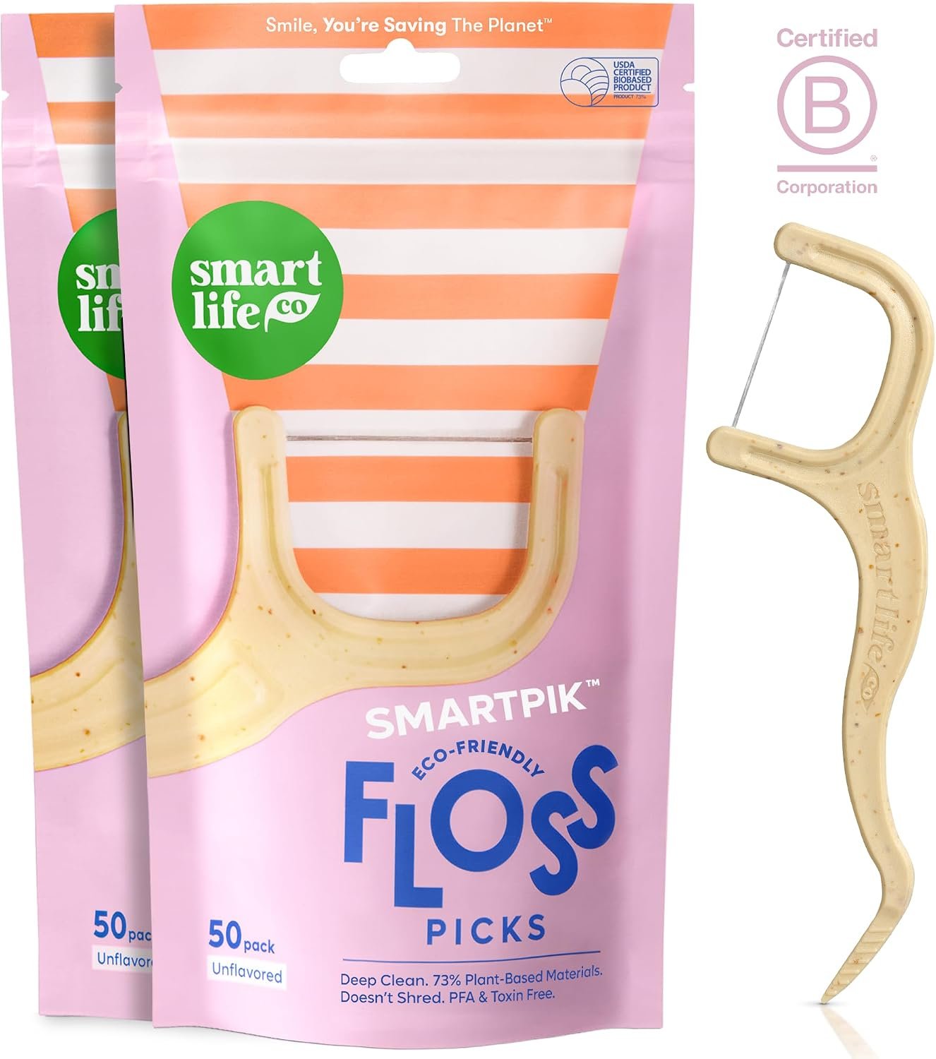 SmartLifeco Eco-Friendly Dental Floss Picks (100ct) – Flossers Made With Straw Wheat Blend, Strong Anti-Shred Thread For Tight Gaps, Tooth Pick Stick For Adults, Soft on Gum & Teeth, Vegan, Unflavored