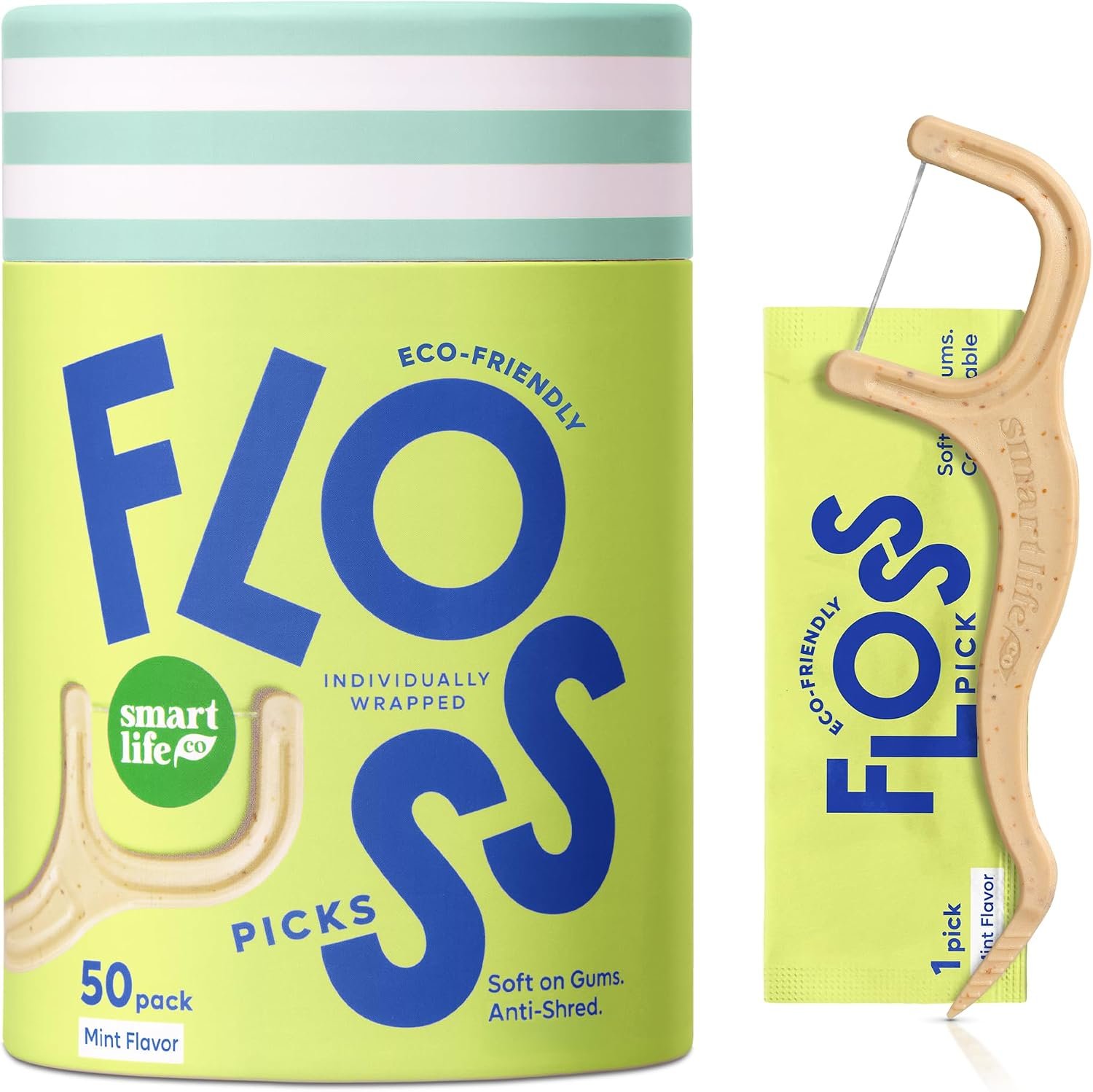 Individually Wrapped Dental Floss Picks (50ct) – Eco-Friendly Flosser Handle Made with Straw Wheat Blend | Great for Travel | PFA Free | Toothpick Stick Soft On Gums & Teeth | Vegan | Mint