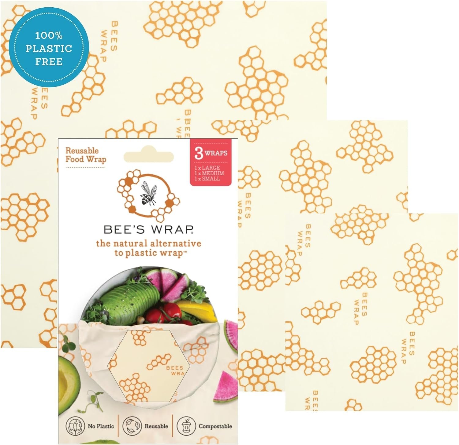 Bee’s Wrap Beeswax Food Wraps, 3 Pack Assorted – Honeycomb