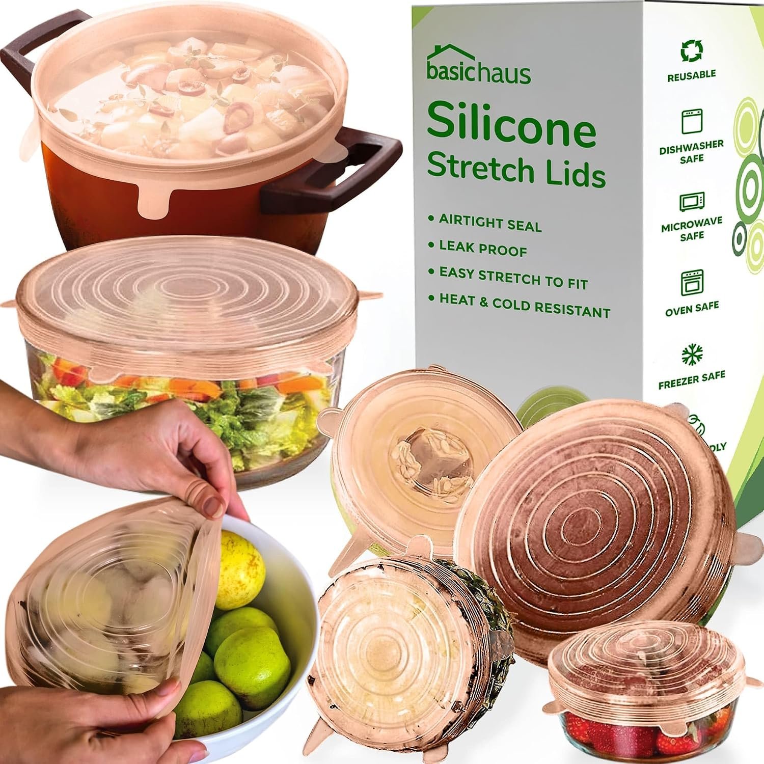 Reusable Silicone Stretch Lids for Food Storage in Fridge – Elastic Heat-Resistant Bowl Covers, Cups, Cans, Jars – Universal Food Grade Lid for Containers – 7 Pack – Apricot Stretchy Lid Set