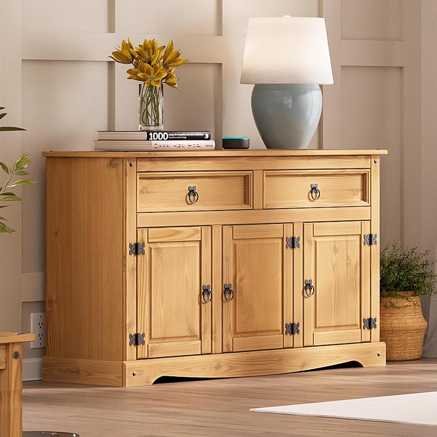 Furniture Dash Solid Wood Storage Cabinet 51.9″ W, 16.9″ D, 31.7″ H – Sideboard Buffet with 3 Doors & 2 Drawers, Ideal for Living Room, Kitchen, Dining Room & Hallway – Antique Brown