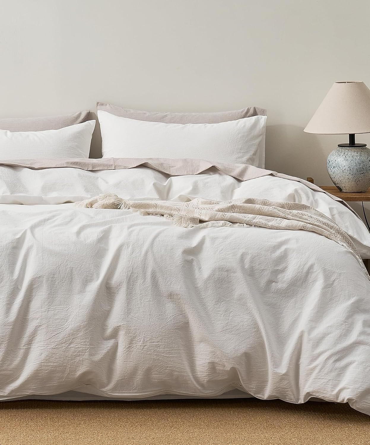 JELLYMONI 100% Cotton Queen Duvet Cover Set, Washed Linen-Like Texture