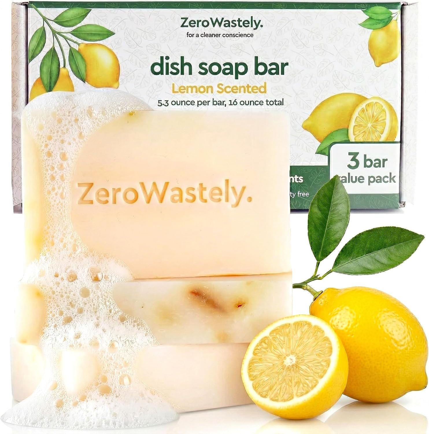 ZeroWastely Natural Dish Soap Bar – Value Pack of 3 Solid Soap Block 16oz – Lemon Scented, Long Lasting, Skin Friendly – Sustainably Made from 100% Organic Ingredients – Plastic Free Dish Soap