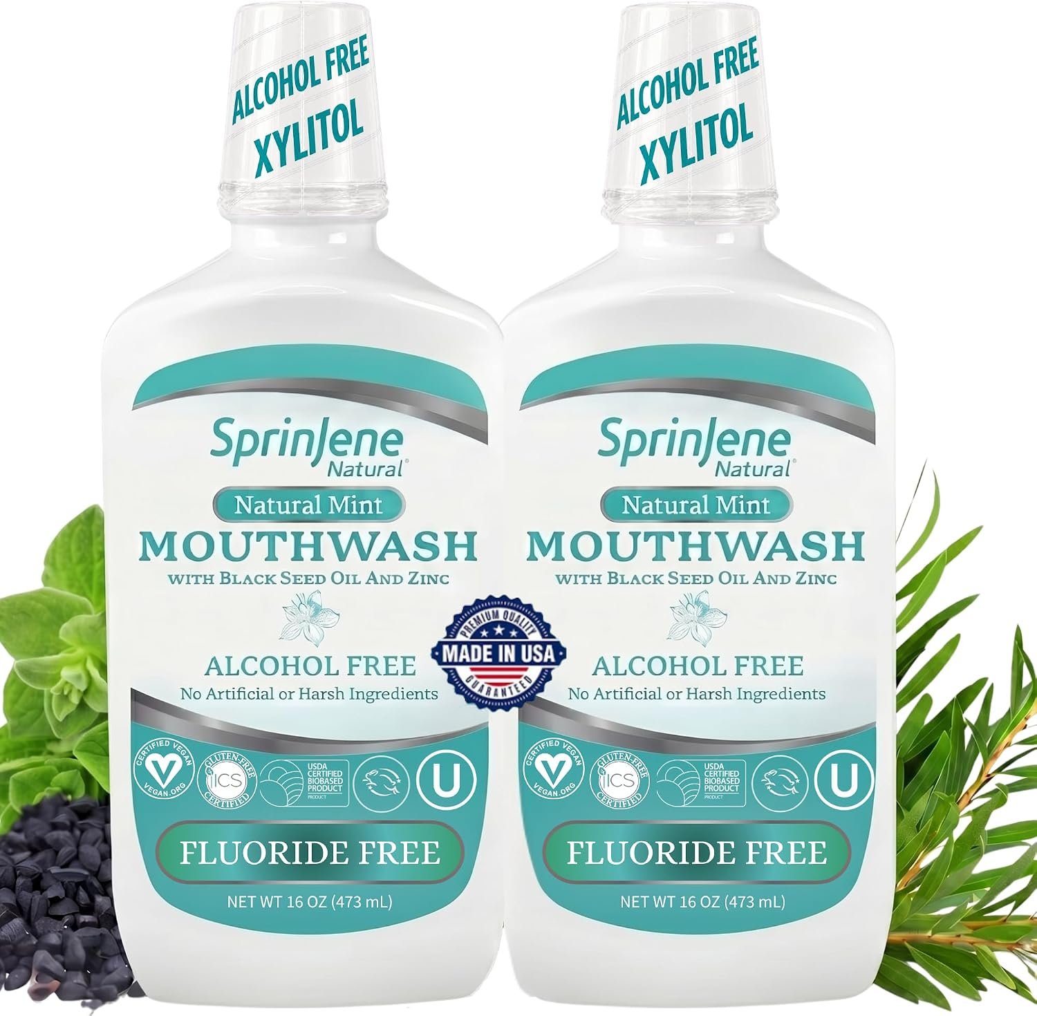 SprinJene Alcohol Free Mouthwash with Xylitol – Fluoride Free Natural Mouthwash for Dry Mouth, Whitening & Fresh Breath – Patented Black Seed Oil & Zinc Formula – Vegan & Made in the USA (2 Pack)