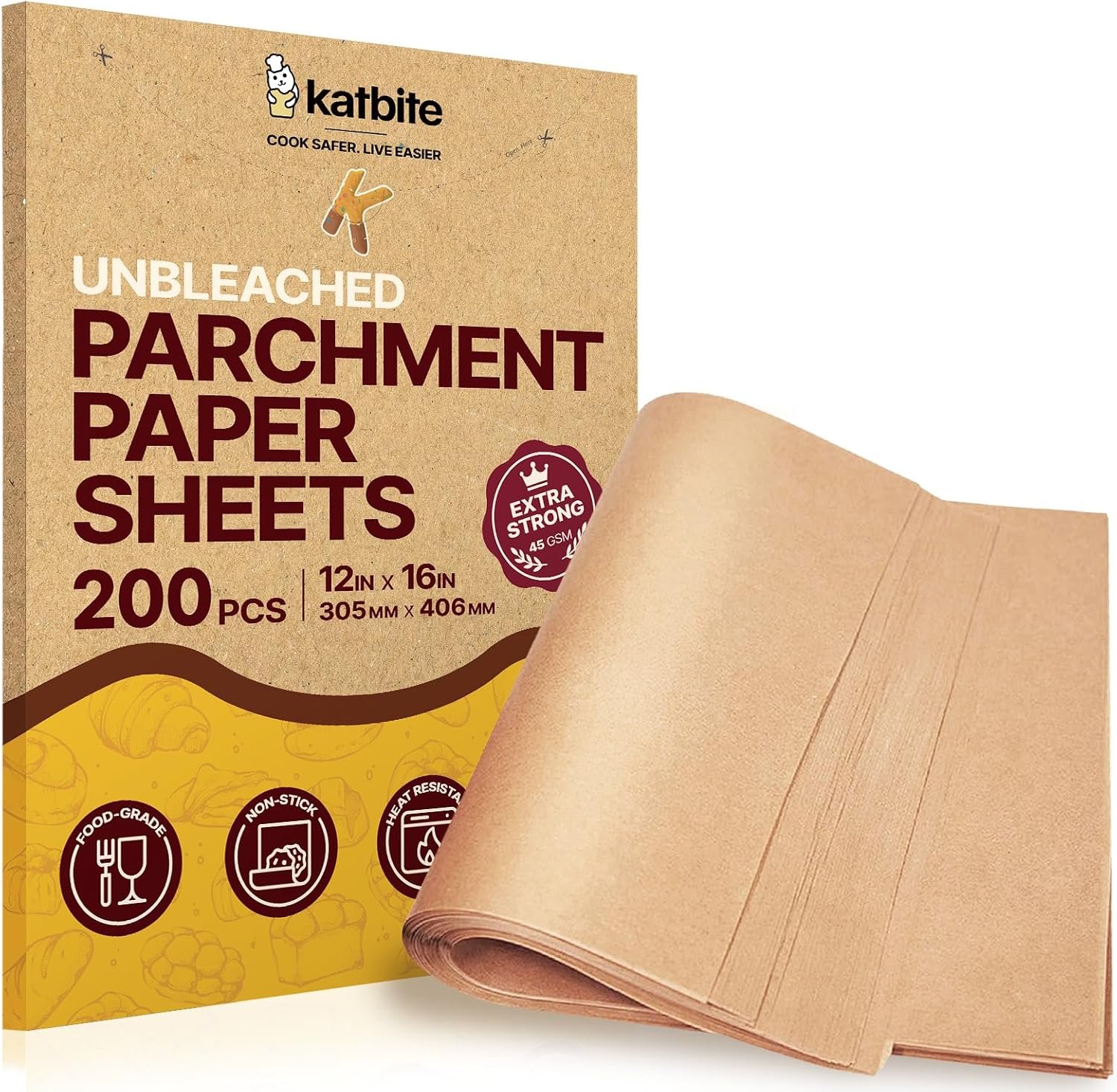 Katbite 200Pcs 12×16 In Unbleached Parchment Paper for Baking, Precut Parchment Paper Sheets, Heavy Duty Flat Baking Paper, Half Sheet Baking Sheets for Baking Cookies, Cooking, Air Fryer, Oven