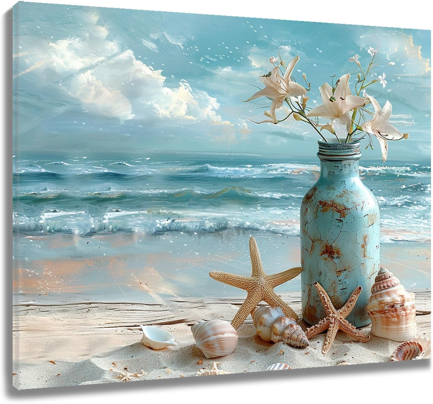 LB Beach Coastal Wall Art Starfish with White Flower in Vintage Vase on Teal Beach Wall Art Beach Scene Canvas Wall Decor for Living Room Bedroom Bathroom Office Framed Ready to Hang 12L x 16W