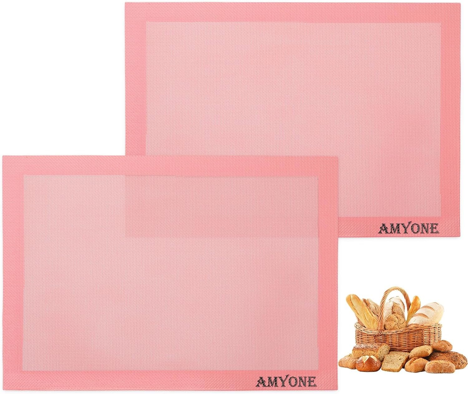 AMYONE Perforated Baking Mats, 2 PCS Pink Eclair Silicone Mat for Half Sheet, Non-Stick Reusable Oven Liners for Making Bread/Pizza/Pastry/Cookie 11 5/8″ x 16 1/2″, Sakura Pink