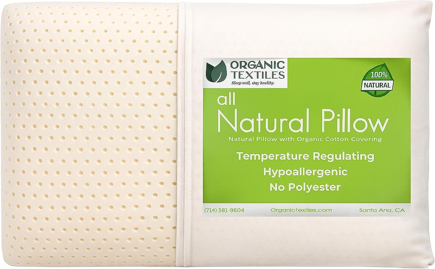 ORGANIC TEXTILES Natural Latex Bed Pillow with GOTS Certified Organic Cotton Cover – (Queen, Firm) – Pack of 1
