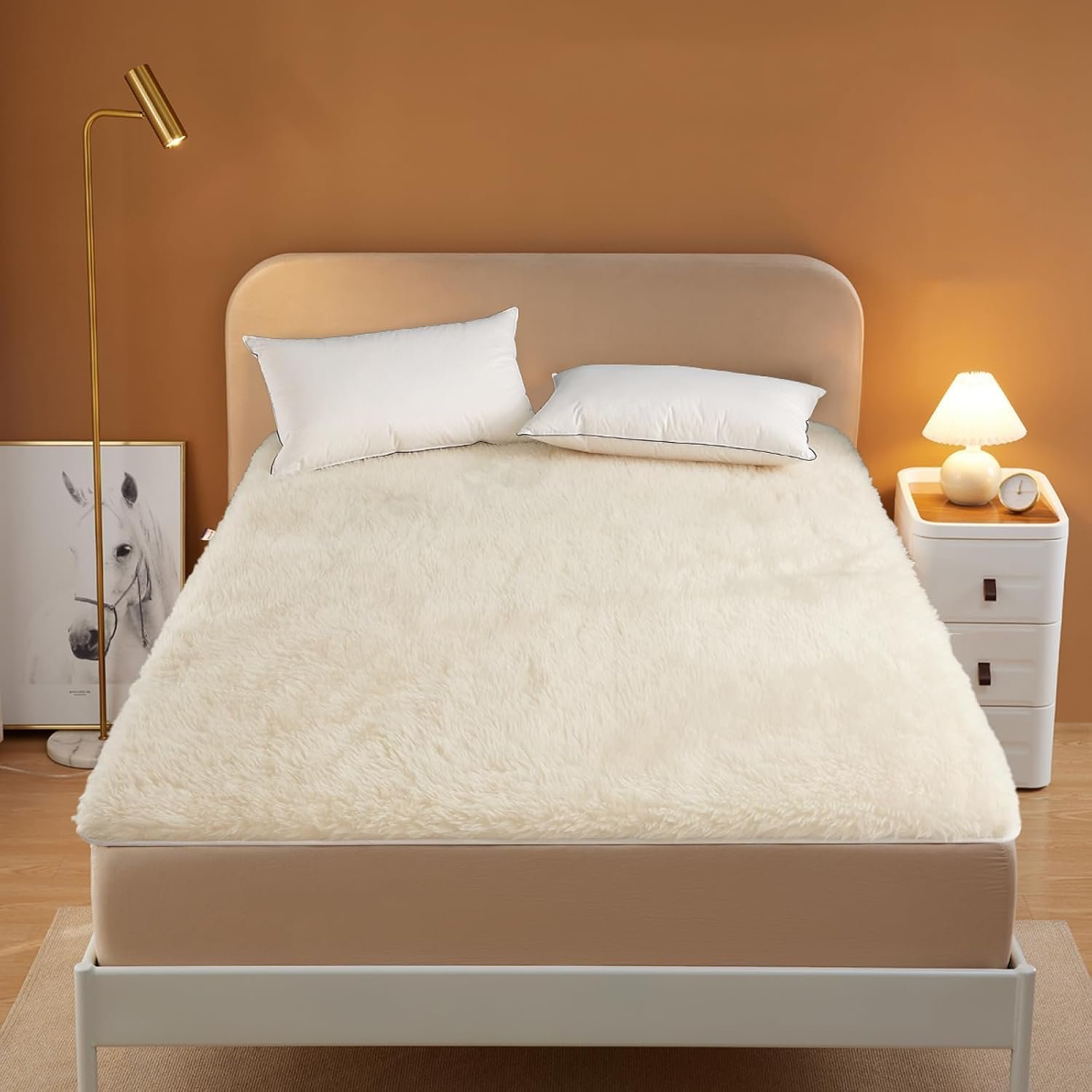 100% Wool Fleece Fitted Mattress Cover Pad with Elastic Bands,Breathable Lamb Wool Mattress,Thicken Pure Wool Bed Topper,Folding Lamb Velvet Mattress,for Twin/Full/Queen/King(Queen, White)