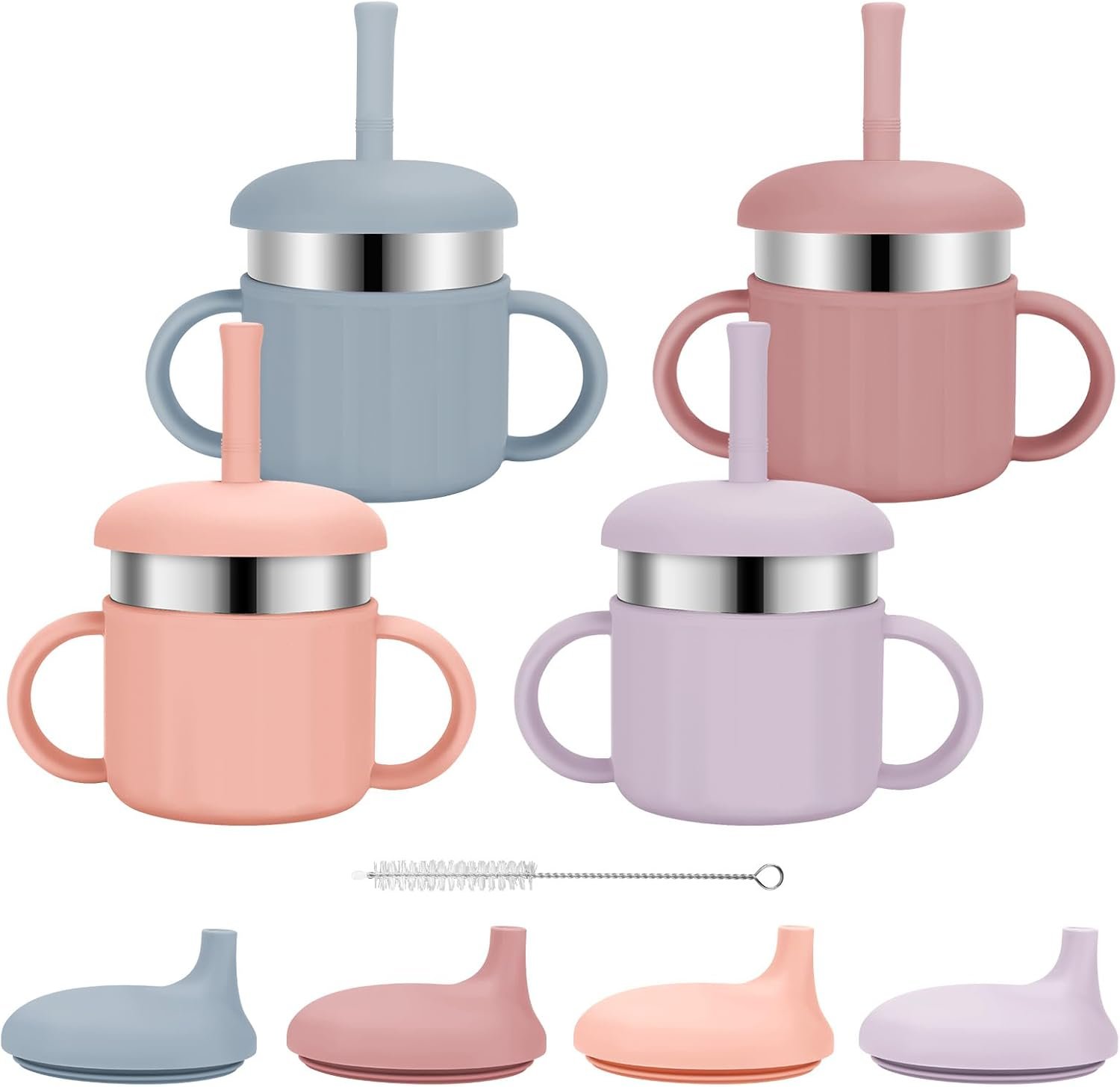 Baby Sippy Cups, 7.4 Oz 3 Stages Baby Training Cups, Straw Cup for Infants Toddlers 6-12 Month and Kids 1-3 Year, Stainless Steel Kid Cups with Silicone Straws, 4 Colors B