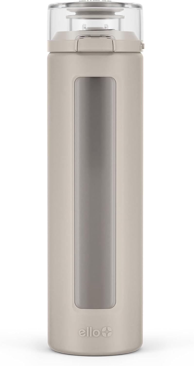 Ello Syndicate 20oz Glass Water Bottle with Flip Lid and Sleeve, Sand