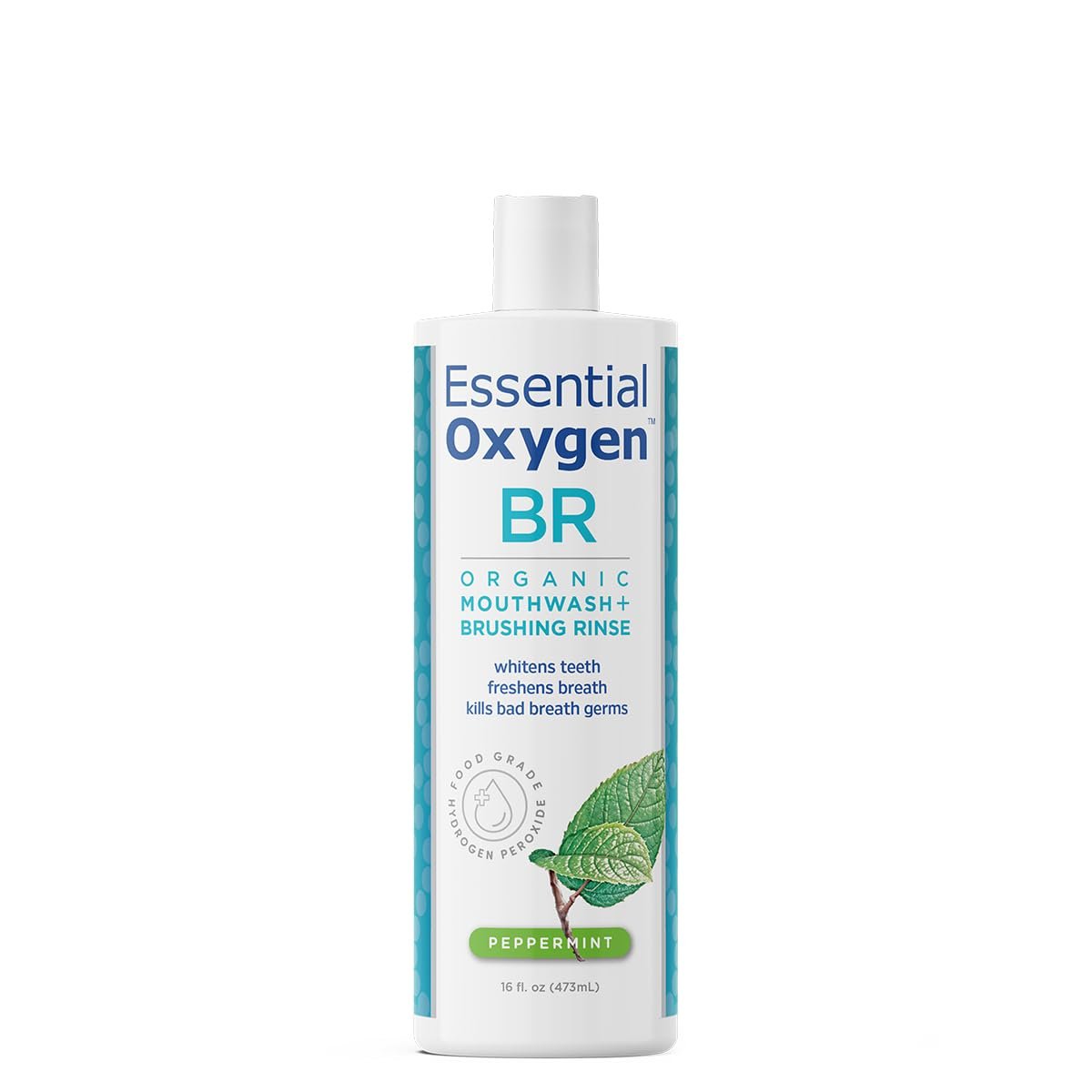 Essential Oxygen Certified BR Organic Brushing Rinse, All Natural Mouthwash for Whiter Teeth, Fresher Breath, and Happier Gums, Alcohol-Free Oral Care, Peppermint, 16 Ounce, Package may vary