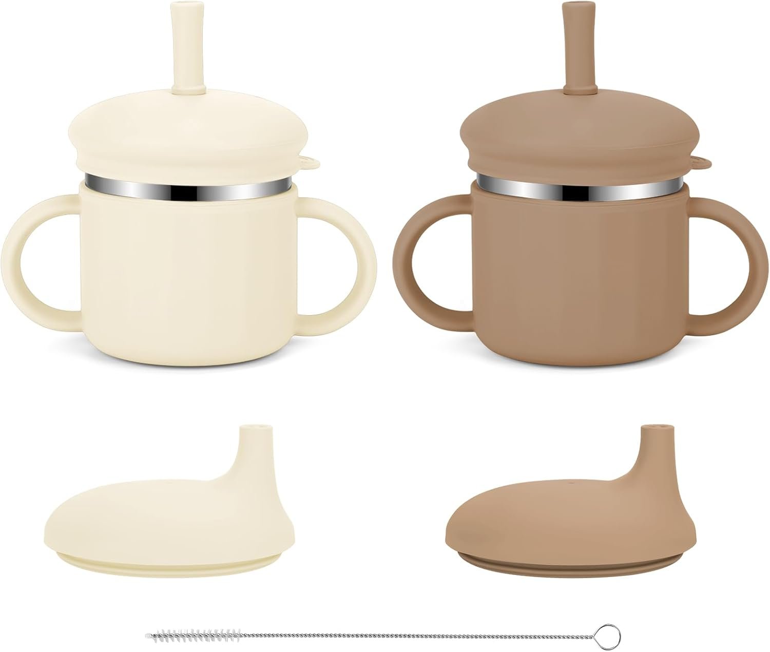 Upgrade Stainless Steel Baby Sippy Cups, 7.4 Oz Spill Proof Toddler Straw Cups, 3 Stages Training Cup for Toddlers 1-3 Year, Kid Cups with Silicone Sheel and Straws (Beige+Brown)