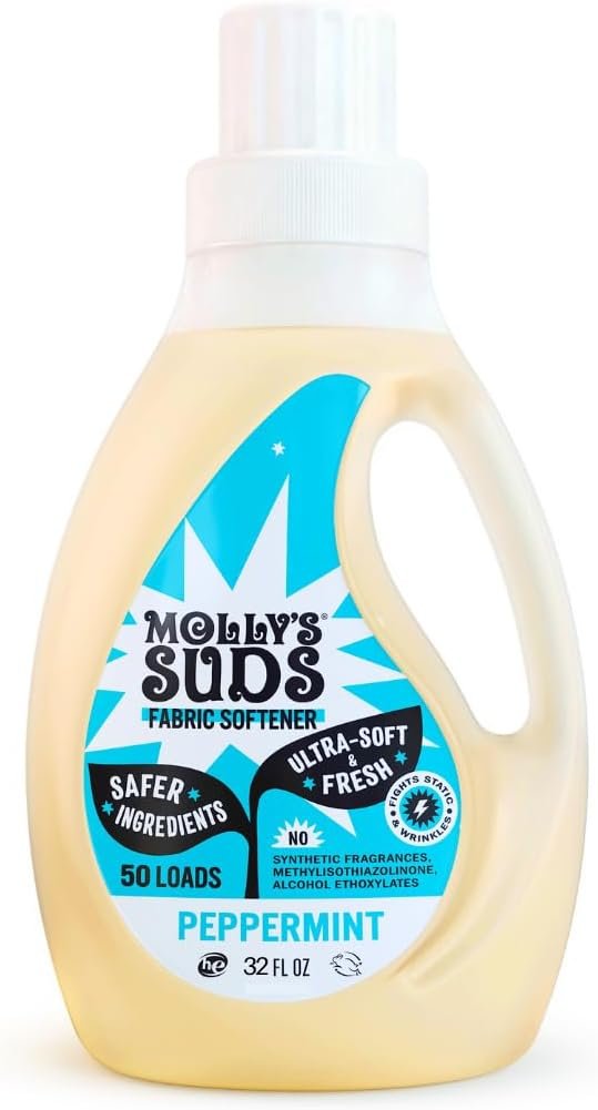 Molly’s Suds Fabric Softener Liquid for Sensitive Skin | Vinegar-Powered, Infused with Essential Oils | Fights Static, Reduces Wrinkles, Deodorizes | Peppermint, 50 Loads