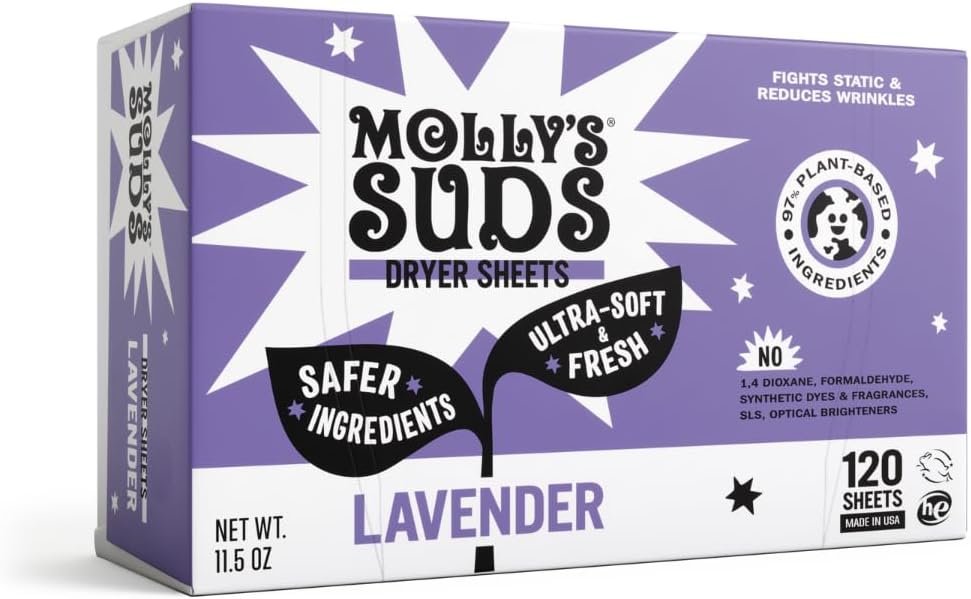 Molly’s Suds Fabric Softener Dryer Sheets for Sensitive Skin | Plant-Based Static Reducer, Plastic-Free Packaging | Lavender (120 Sheets)
