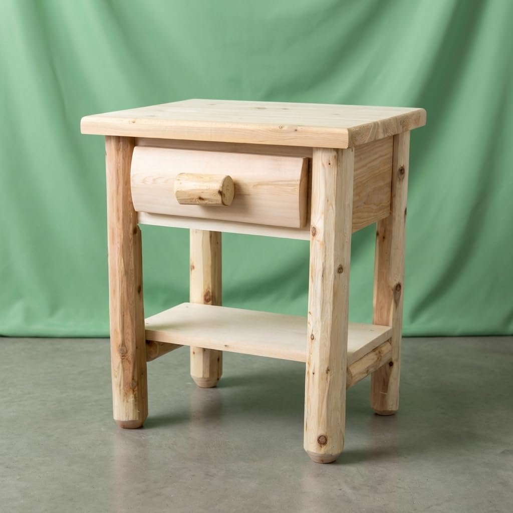 Log Nightstand [1 Drawer] – Unfinished/Dovetail / 100% Solid Wood/Amish Handcrafted in USA