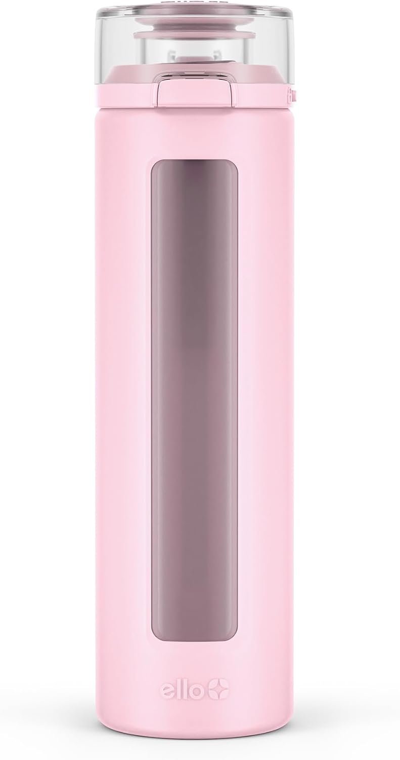 Ello Syndicate 20oz Glass Water Bottle with Flip Lid and Sleeve, Cashmere