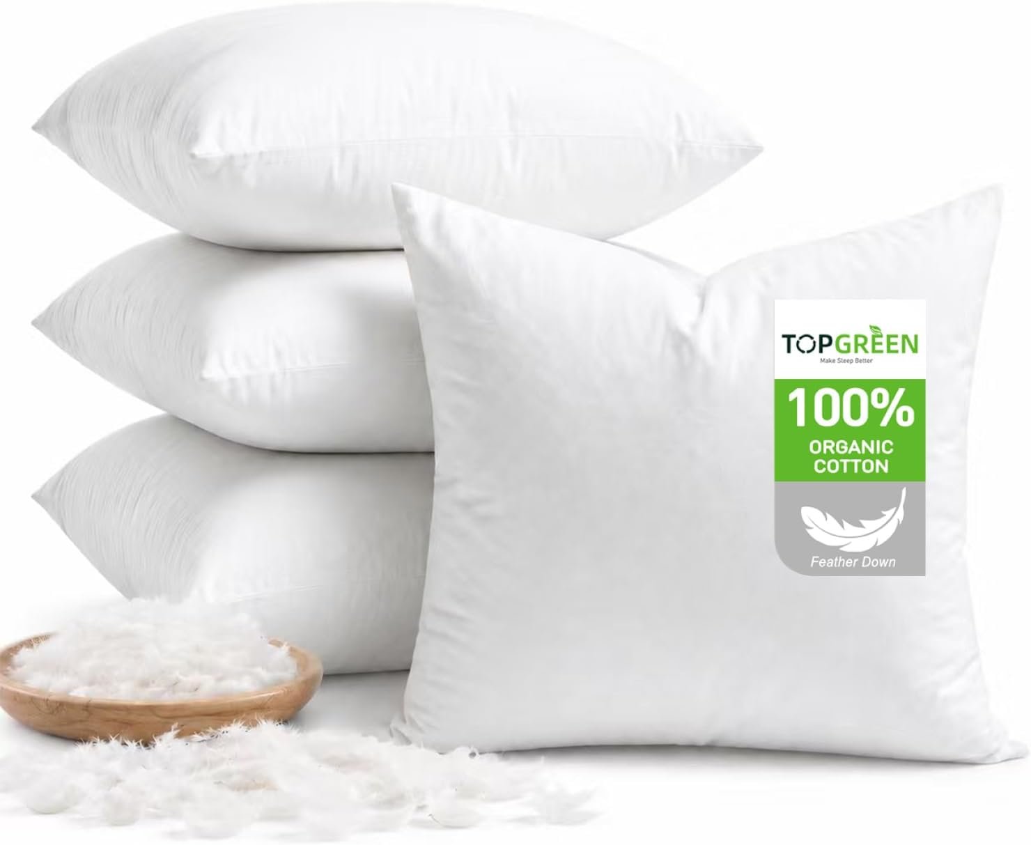 TOPGREEN Ogranic Feathers Down Pillow Inserts 18×18, Pack of 4, White