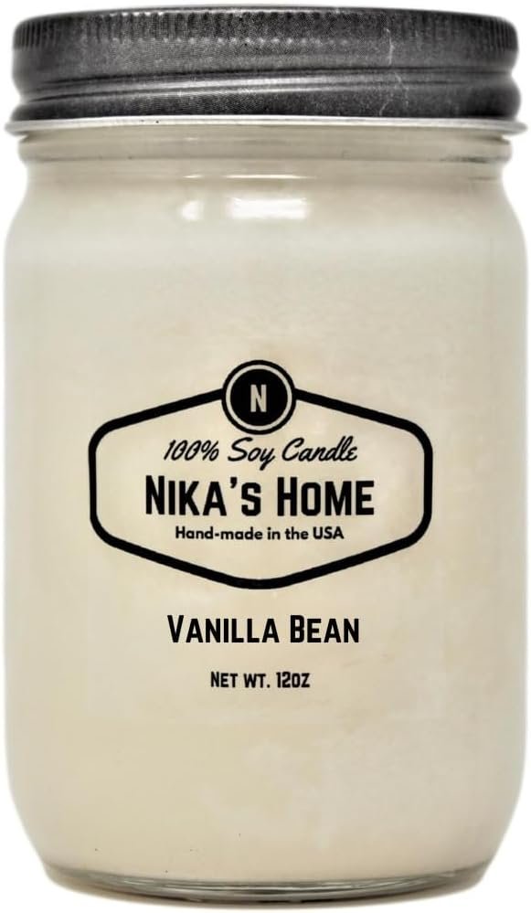 Nika’s Home Vanilla Bean Soy Candle – 12oz Mason Jar – Non-Toxic – Hand Poured in The USA, Long Burning 50-60 Hours Highly Scented All Natural, Clean Burning