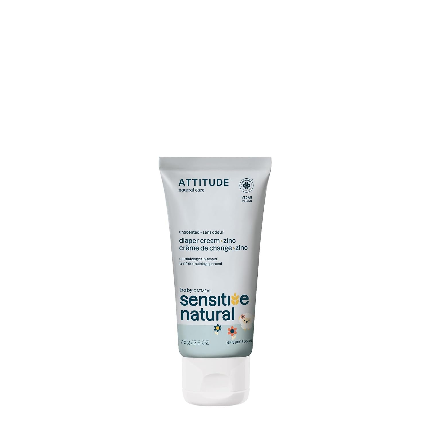 ATTITUDE Diaper Cream with Zinc & Oatmeal for Baby with Sensitive Skin, Plant and Mineral Based, Dermatologically Tested, Vegan, Unscented, 2.6 Oz
