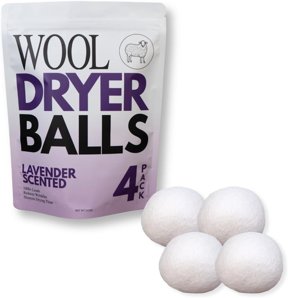 Lavender Scented Wool Dryer Balls – 4 XL Pack – Natural Fabric Softener, Reusable, Reduces Static, Reduces Wrinkles & Shortens Drying Time, Made W/Essential Oil, 100% Pure Wool