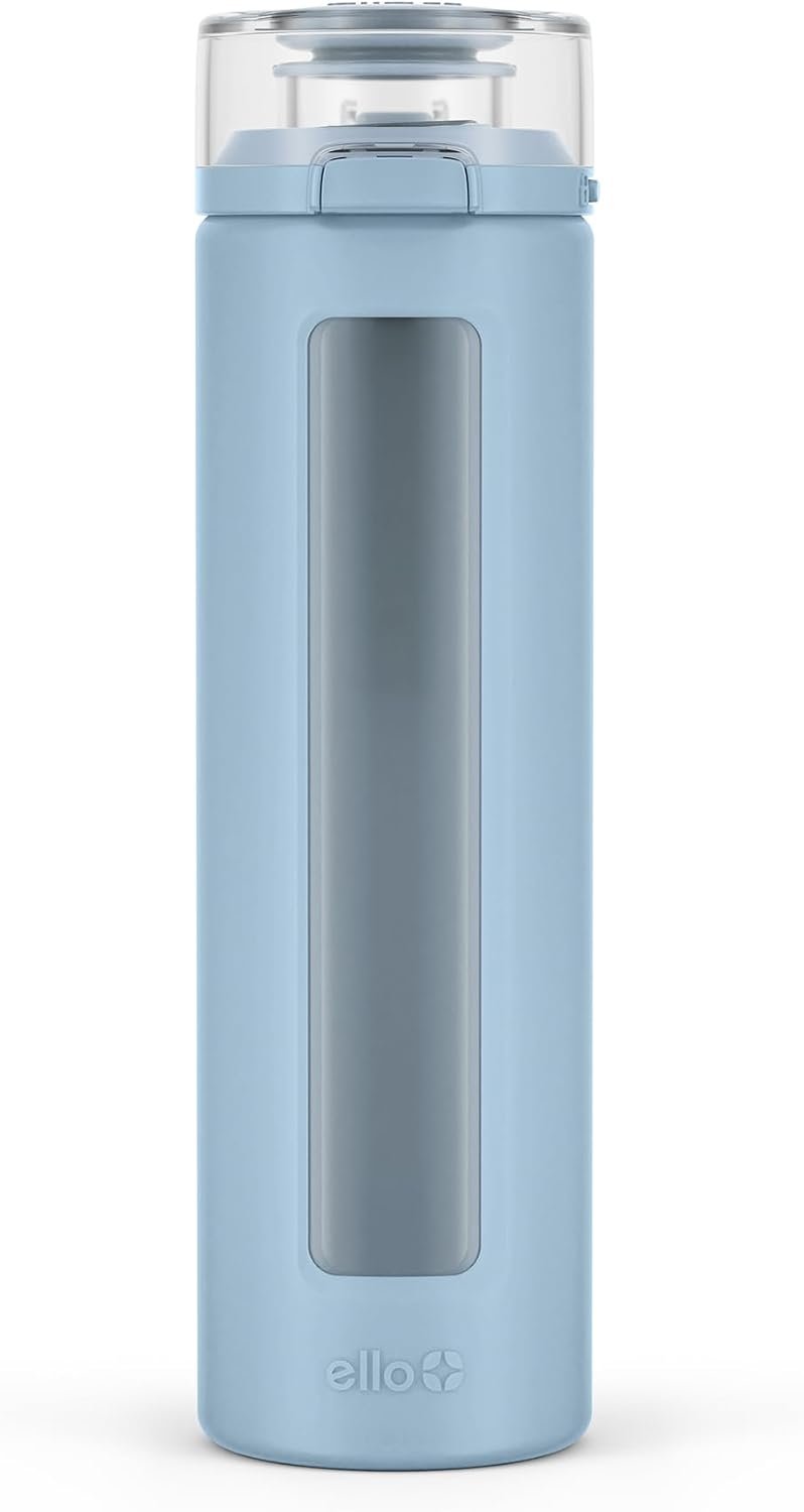 Ello Syndicate 20oz Glass Water Bottle with Flip Lid and Sleeve, Tech Blue