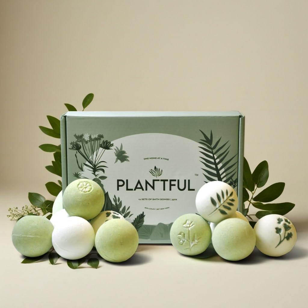Plantful™ Organic Handmade Bath Bombs for Women, 12 Gift Sets, Large, Shea Butter Moisturizing, Essential Oils, Bubble Bath for Kids, Perfect Gifts for Women Men, Safe Bath Bombs for Kids
