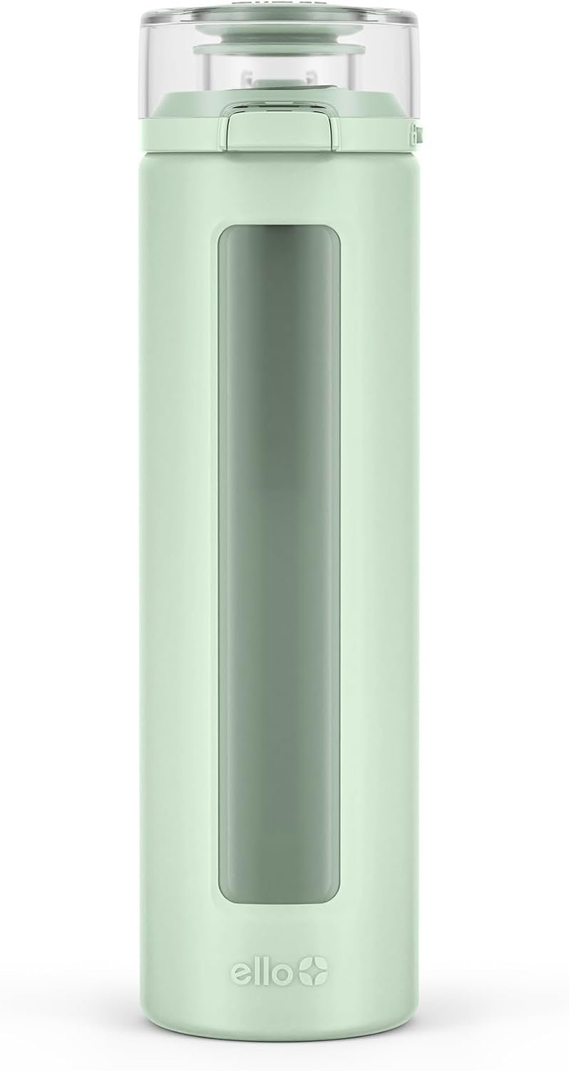 Ello Syndicate 20oz Glass Water Bottle with Flip Lid and Sleeve, Sage
