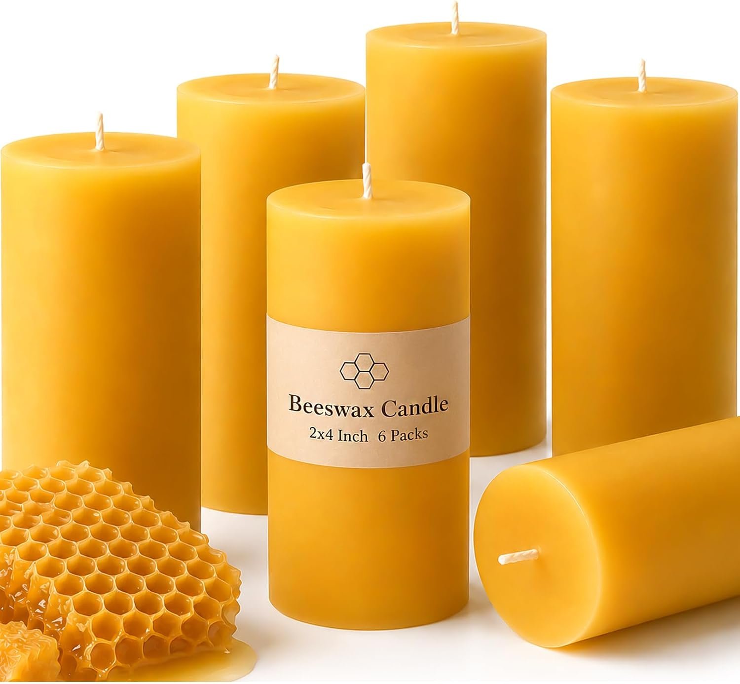 Beeswax Pillar Candles 2×4 Inch 6 Pack, Unscented Bee Wax