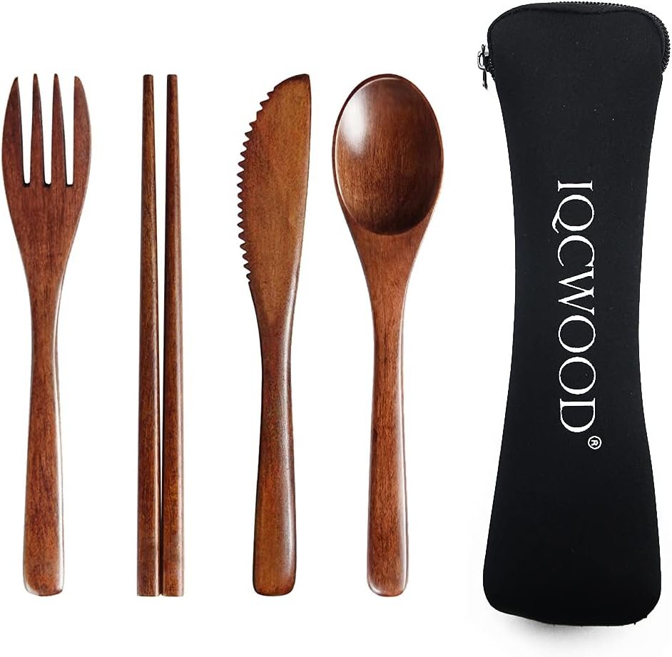 Portable Wooden Cutlery Set for Travel and Camping – 4 Piece Set With Reusable Wooden Spoon, Fork, Knife and Chopsticks