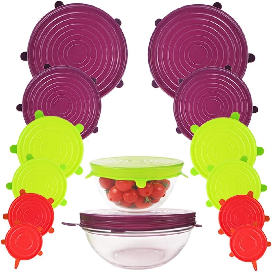 Webake Silicone Stretch Lids 12 Pack Reusable Expandable Lids (2.6″ to 8.3″) Fit Various Sizes of Container Tops, Bowls, Cups, Cans (Durable, Flexible)
