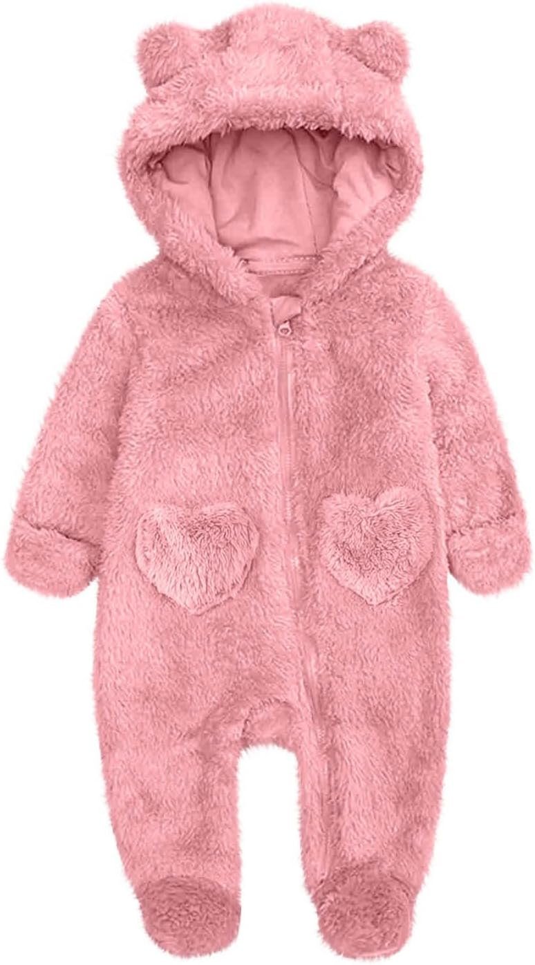 Newborn Baby Bear Outfit Suit With Footies Girls Boys Winter Fleece Jumpsuit Hooded Romper Snowsuit Outwear
