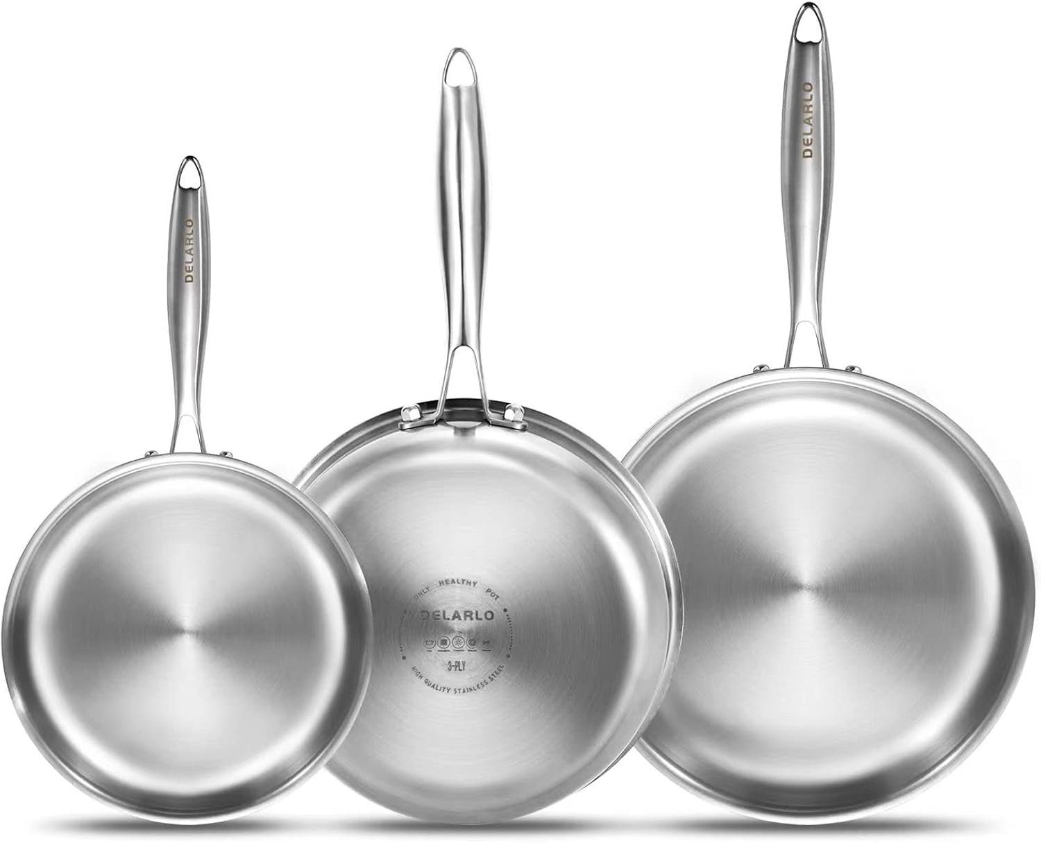 DELARLO Tri-Ply Stainless Steel Frying Pan Set 8”/10”/12”kitchen skillet