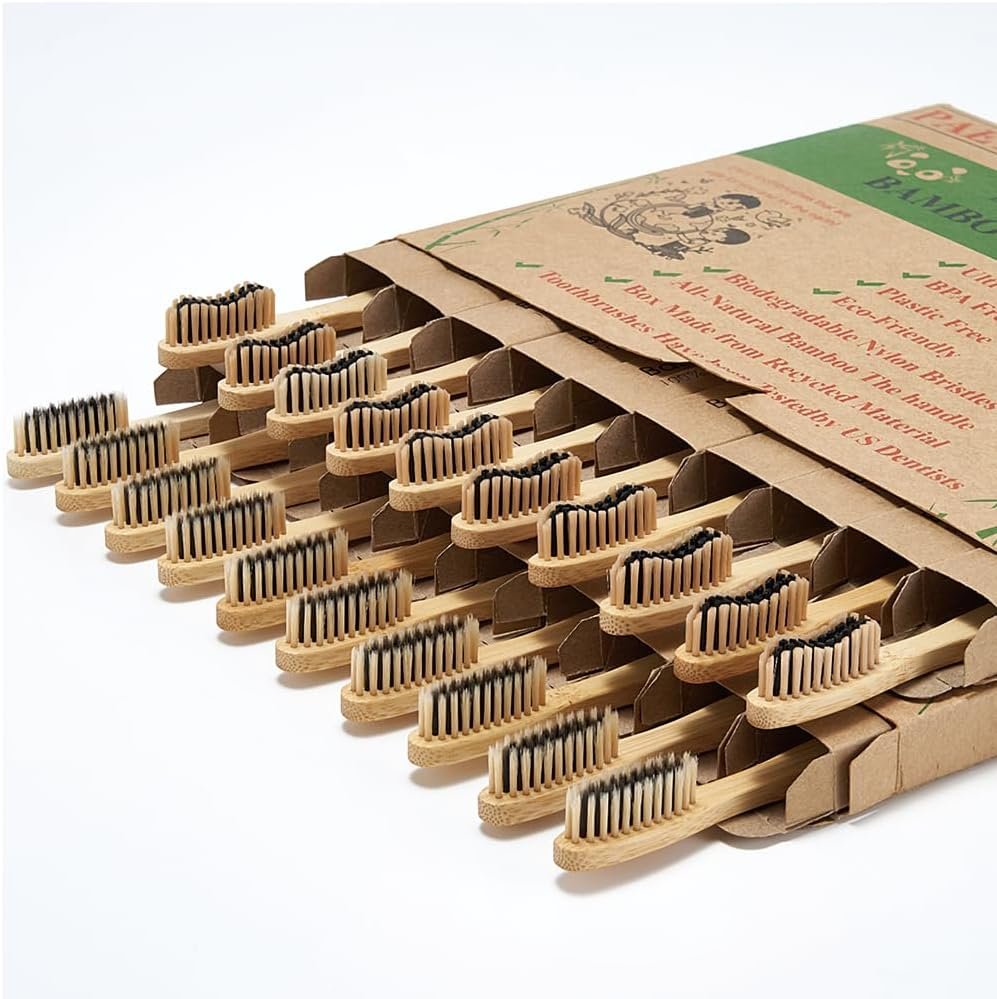 20 Count Bamboo Toothbrushes (Soft+Medium), Natural Wood Toothbrush Bulk, Eco-Friendly, BPA Free, Biodegradable & Compostable Charcoal Wooden