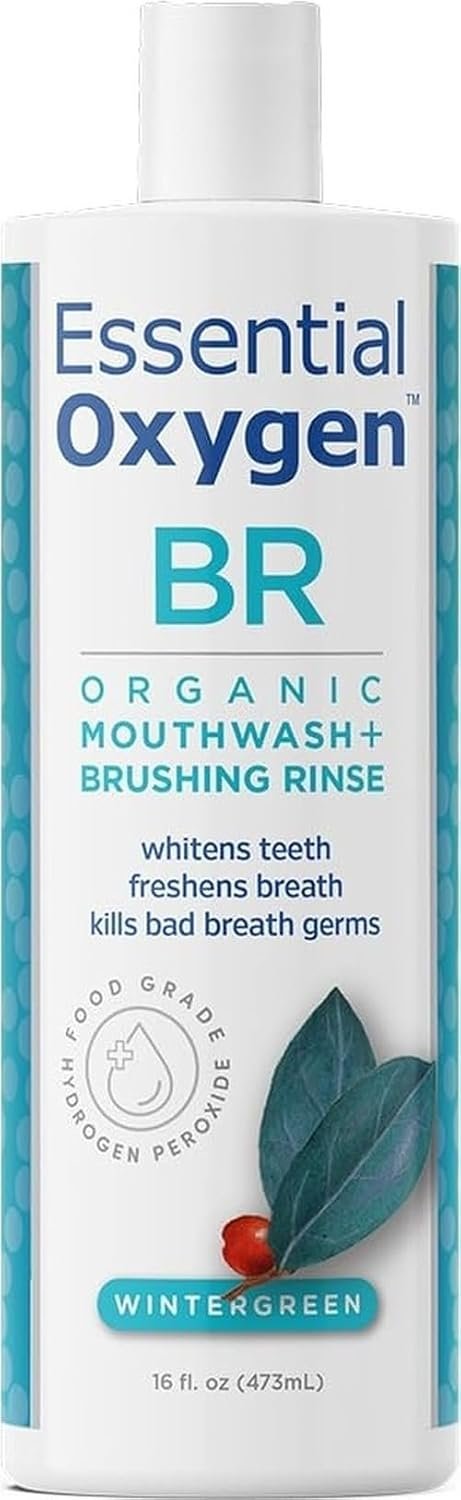 Essential Oxygen Certified BR Organic Brushing Rinse, All Natural Mouthwash for Whiter Teeth, Fresher Breath, and Happier Gums, Alcohol-Free Oral Care, Wintergreen, 16 Ounce