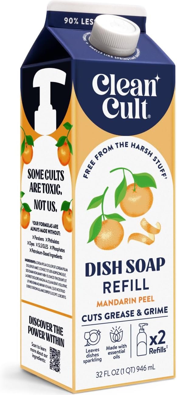 Cleancult Dish Soap Liquid Refill (32oz, 1 Pack) – Plant Based Cleaning Power – Dish Soap that Cuts Grease & Grime – Free of Harsh Chemicals – Uses 90% Less Plastic – Mandarin Peel