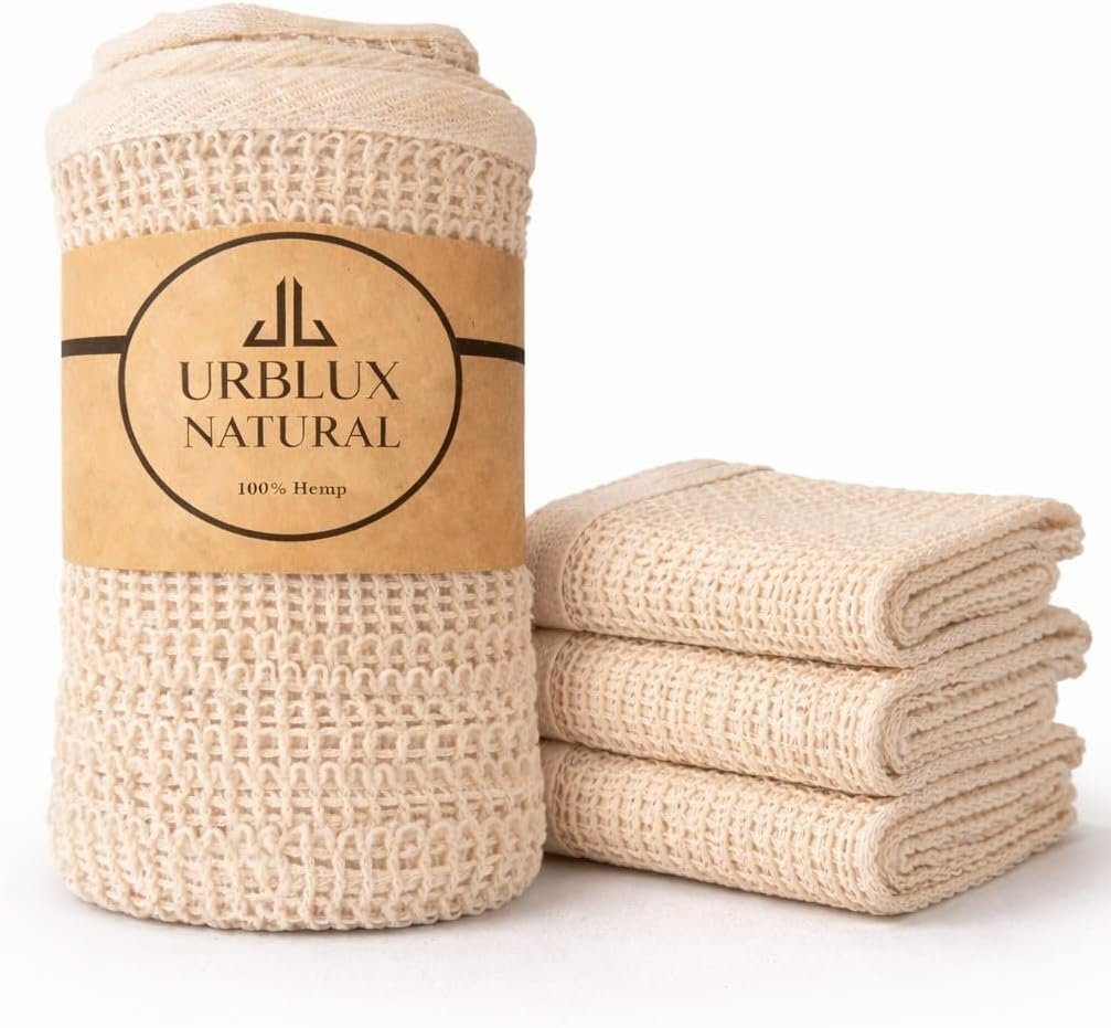 Hemp Exfoliating Washcloths (3 Pack), Dual-Sided Body & Face Scrub Cloth, Natural Bath Cloth, Loofah Alternative, Fast Drying, 12×12 Inch