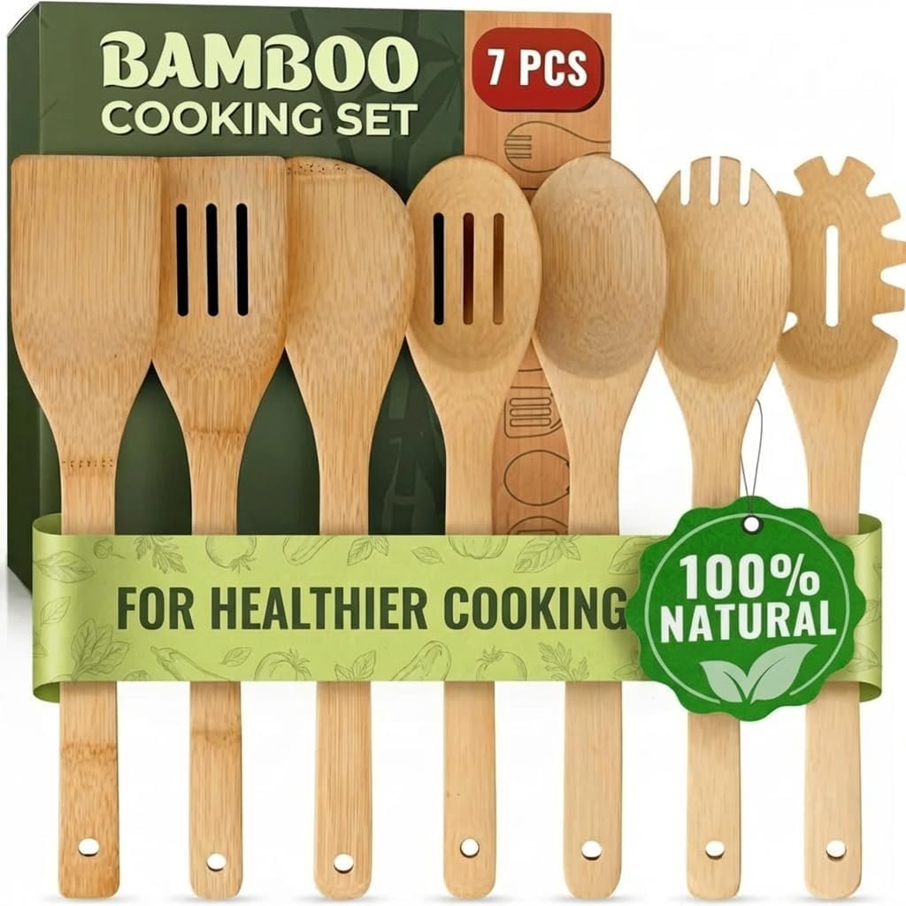 Wooden Utensil Set, Bamboo Utensils – 7 PCs Wood Spoons for Cooking