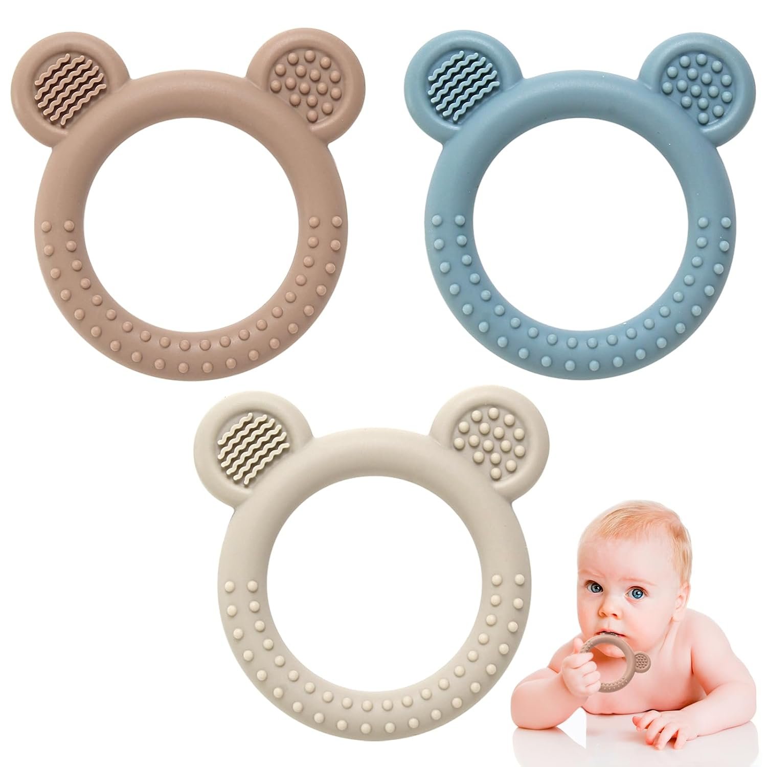 Eascrozn 3 Pack Silicone Teethers for Babies 3M+ BPA Free